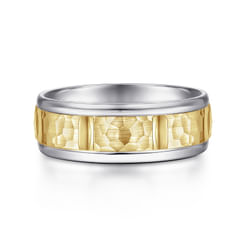 14K White-Yellow Gold 7mm - Hammered Station Men's Wedding Band 