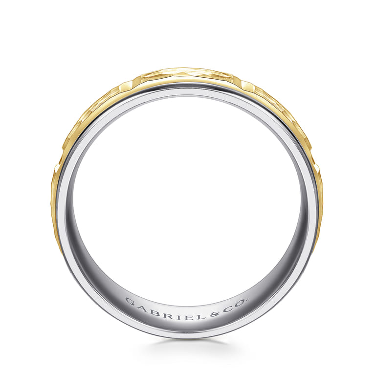John - 14K White-Yellow Gold 7mm - Hammered Station Men's Wedding Band - Shot 2