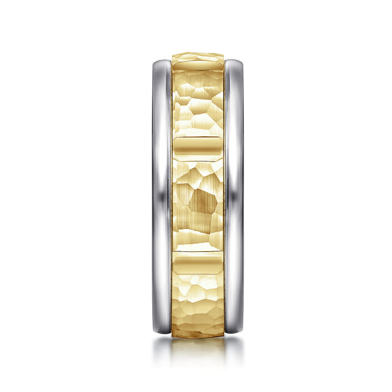 John - 14K White-Yellow Gold 7mm - Hammered Station Men's Wedding Band - Shot 4