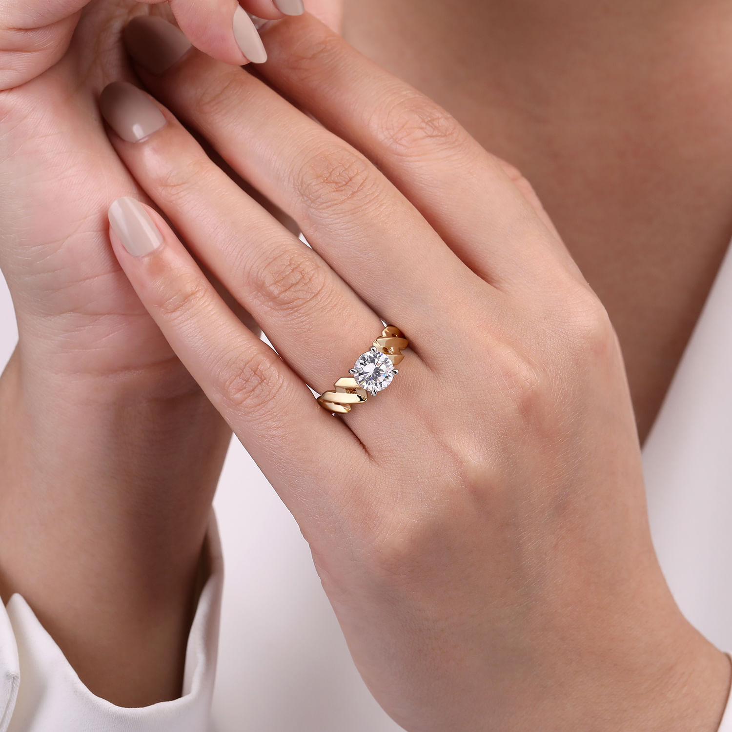 Joie - 14K White-Yellow Gold Twisted Diamond Engagement Ring