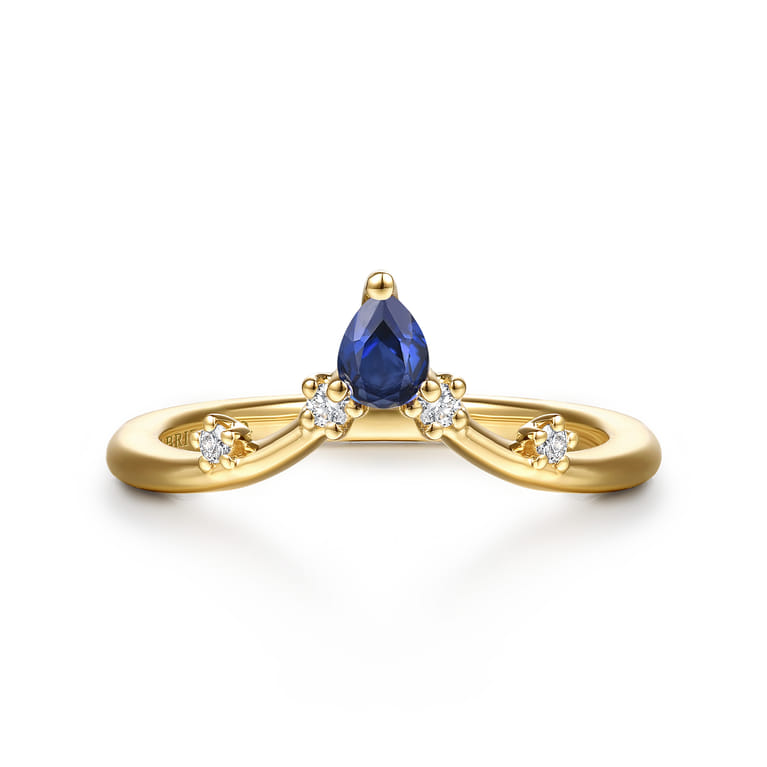 Curved Wedding Ring in 14k Yellow Gold with Pear Sapphire at Gabriel & Co. - Shot 1