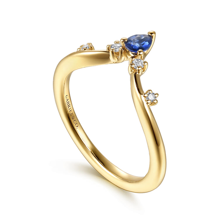 Curved Wedding Ring in 14k Yellow Gold with Pear Sapphire at Gabriel & Co. - Shot 3