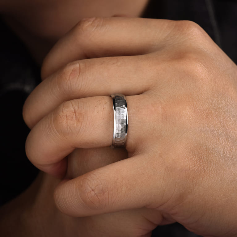 Joshua - 14K White Gold 6mm - Hammered Finish Men's Wedding Band - Shot 5