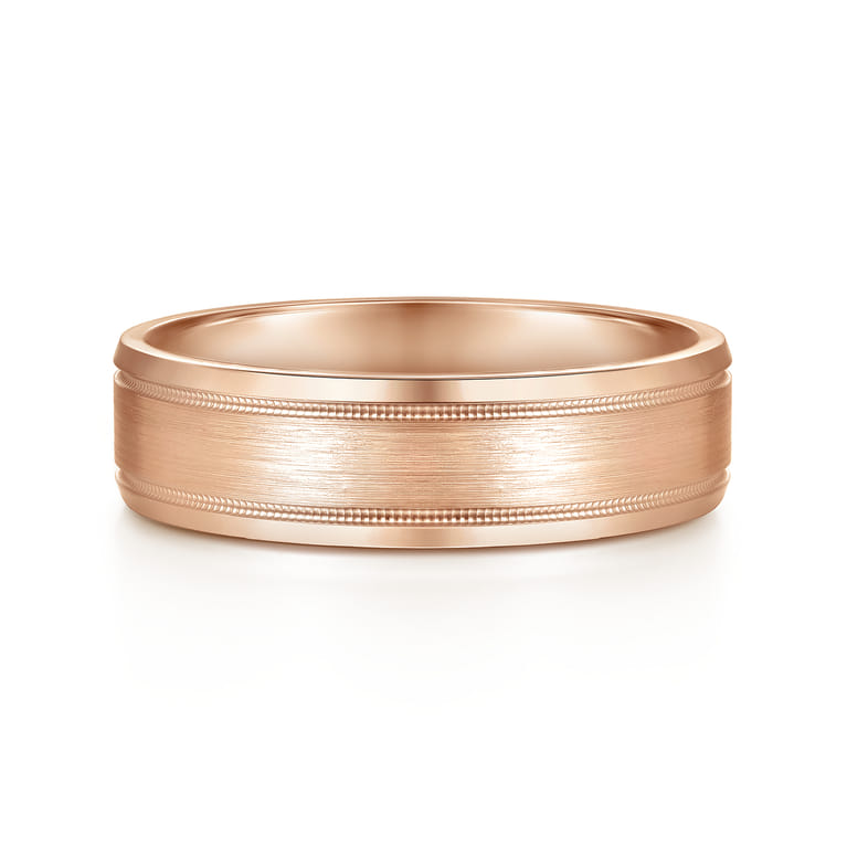 Josiah - 14K Rose Gold 6mm - Satin Polish Center and Milgrain Edge Men's Wedding Band - Shot 1