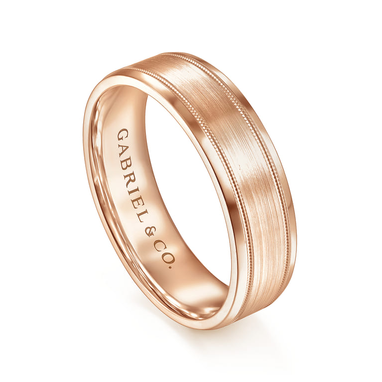Josiah - 14K Rose Gold 6mm - Satin Polish Center and Milgrain Edge Men's Wedding Band - Shot 3