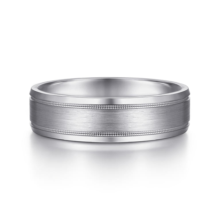 Josiah - 14K White Gold 6mm - Satin Polish Center and Milgrain Edge Men's Wedding Band - Shot 1