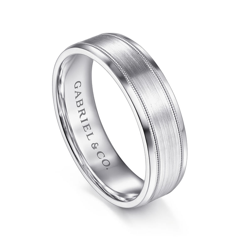 Josiah - 14K White Gold 6mm - Satin Polish Center and Milgrain Edge Men's Wedding Band - Shot 3