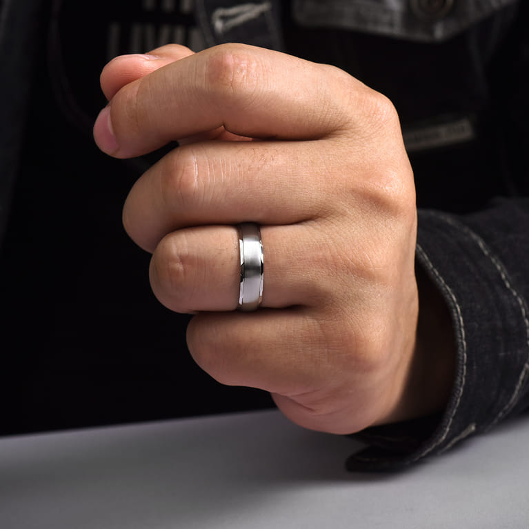 Julian - 14K White Gold 6mm - Satin Finish Men's Wedding Band with Carved Edge - Shot 5