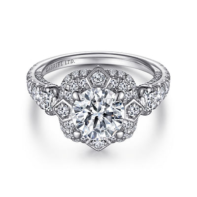Julius - Unique 18K White Gold Art Deco Double Halo Diamond Engagement Ring