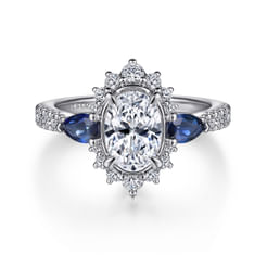 June - 14K White Gold Fancy Three Stone Halo Sapphire and Diamond Engagement Ring
