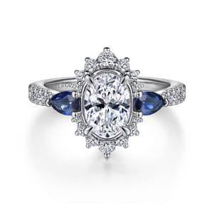 June - 14K White Gold Fancy Three Stone Halo Sapphire and Diamond Engagement Ring