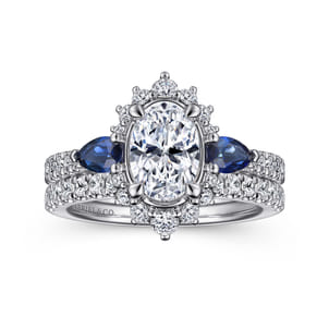 June - 14K White Gold Fancy Three Stone Halo Sapphire and Diamond Engagement Ring