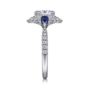 June - 14K White Gold Fancy Three Stone Halo Sapphire and Diamond Engagement Ring