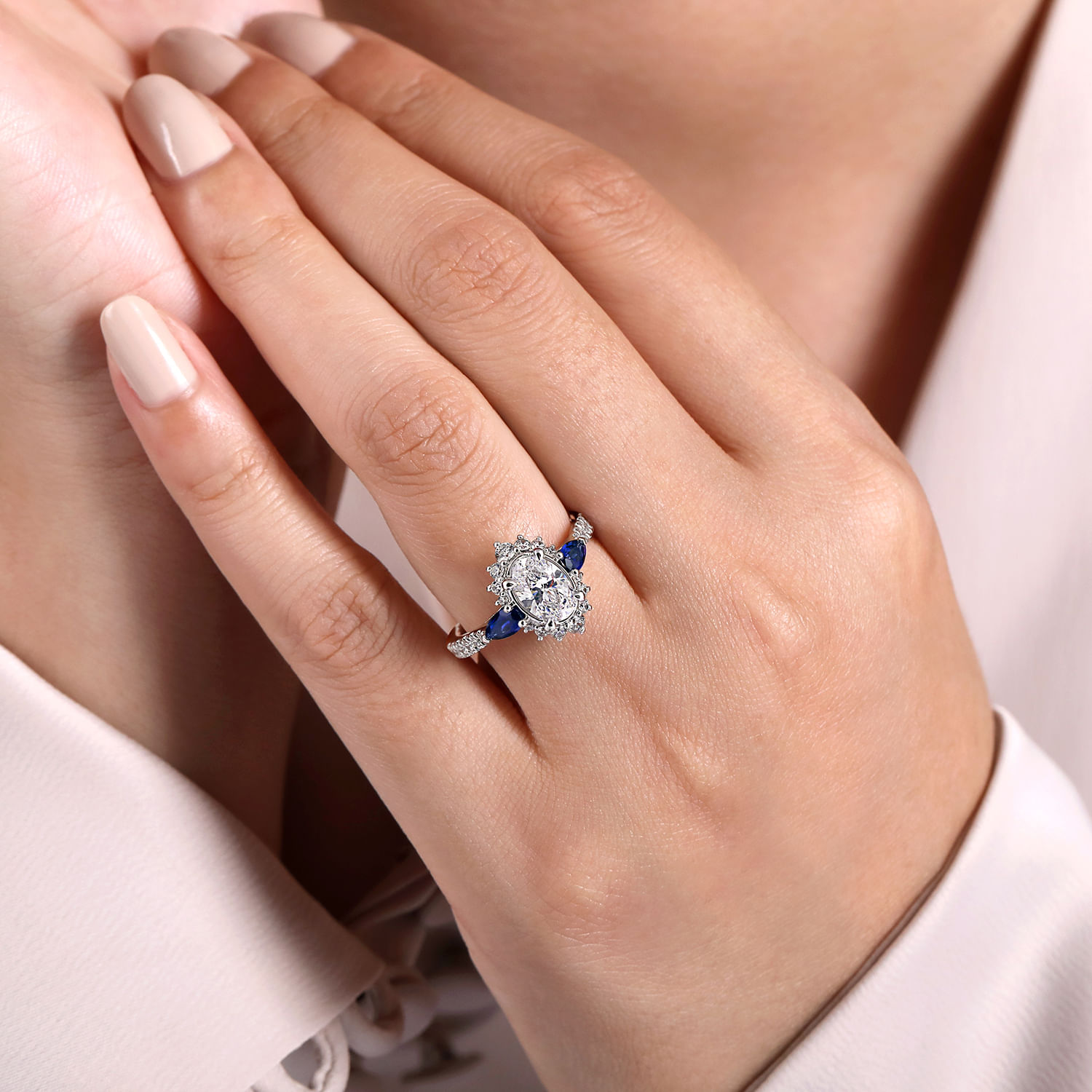 June - 14K White Gold Fancy Three Stone Halo Sapphire and Diamond Engagement Ring