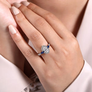 June - 14K White Gold Fancy Three Stone Halo Sapphire and Diamond Engagement Ring