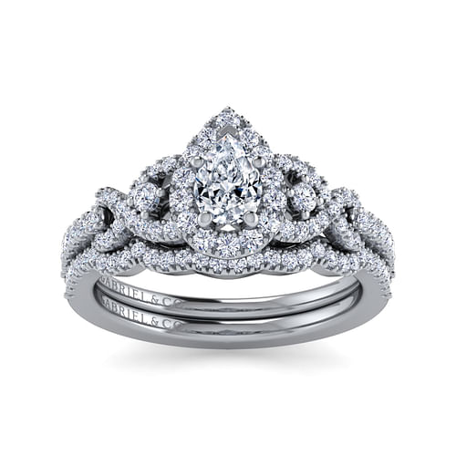 Kalinda - 14K White Gold Pear Shape Three Stone Halo Diamond Engagement Ring - 0.41 ct - Shot 3