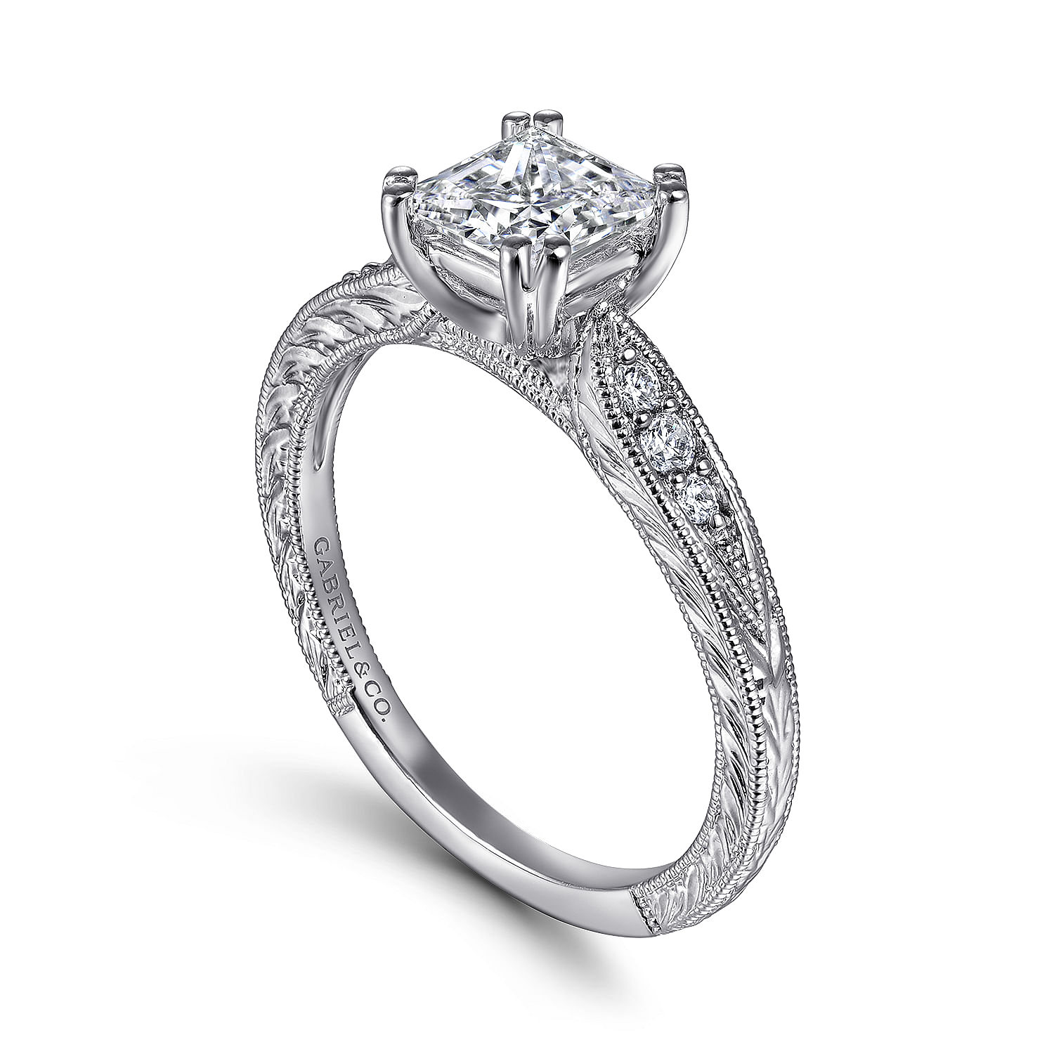 Kate - Vintage Inspired 14K White Gold Princess Cut Diamond Engagement Ring - 0.09 ct - Shot 3