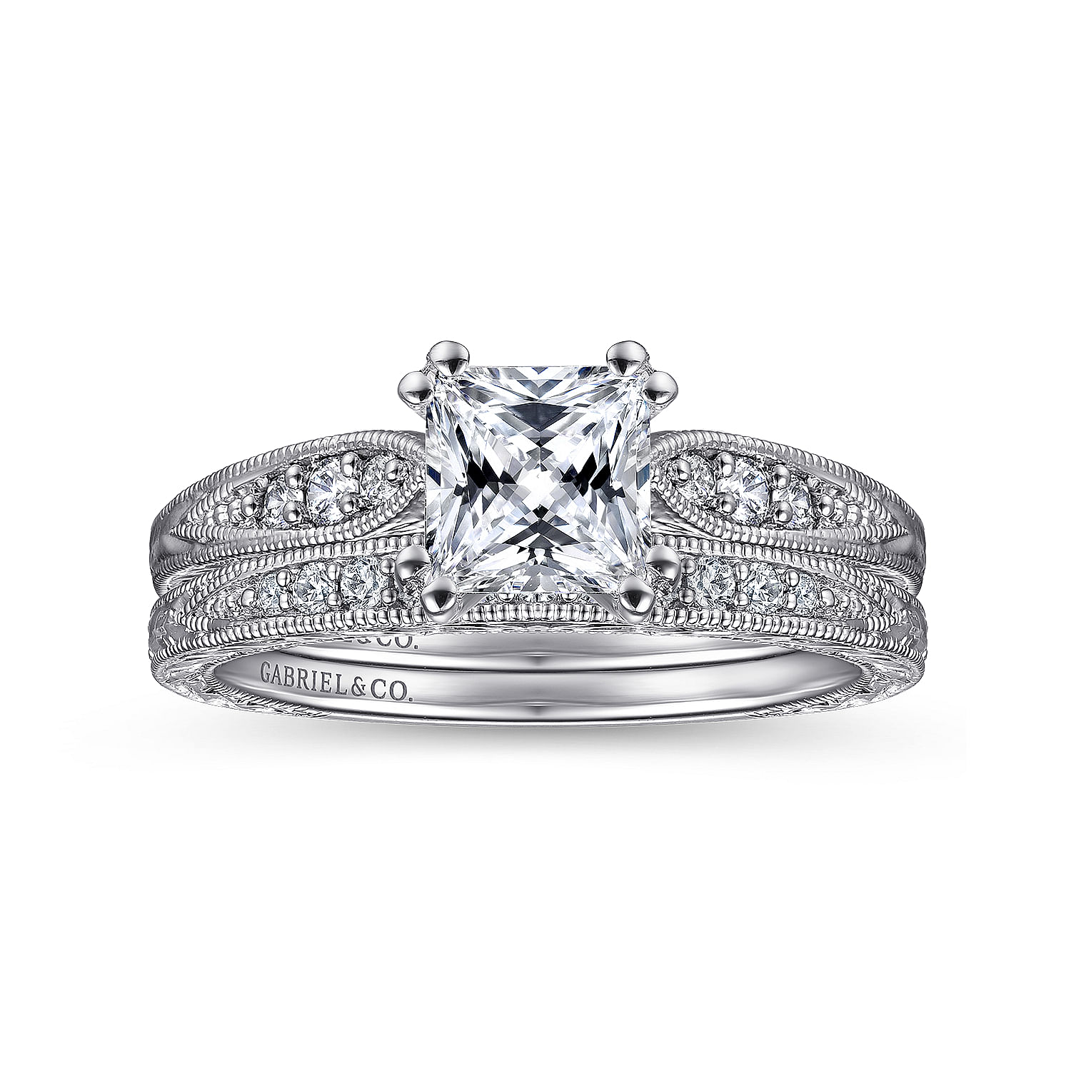 Kate - Vintage Inspired 14K White Gold Princess Cut Diamond Engagement Ring - 0.09 ct - Shot 4
