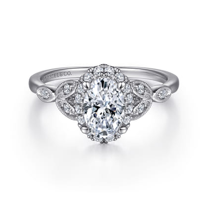 Katriane - Vintage Inspired 14K White Gold Oval Halo Diamond Engagement Ring