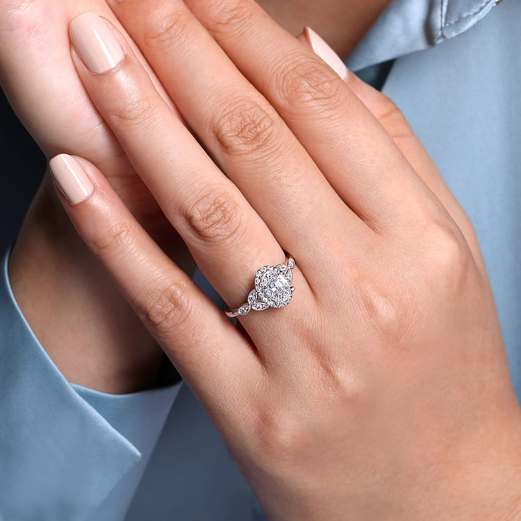 Katriane - Vintage Inspired 14K White Gold Oval Halo Diamond Engagement Ring