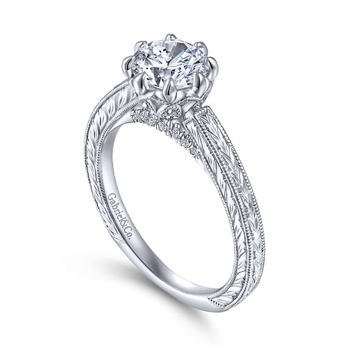 Kellan - Vintage Inspired 14K White Gold Round Diamond Engagement Ring - 0.1 ct - Shot 3