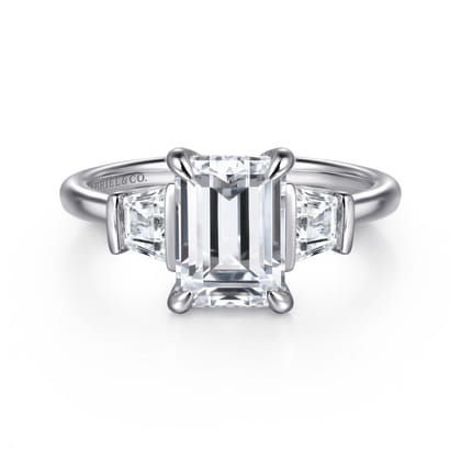 Kenia - 14K White Gold Emerald Cut Three Stone Diamond Engagement Ring
