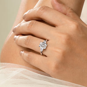 Kenia - 14K White Gold Emerald Cut Three Stone Diamond Engagement Ring