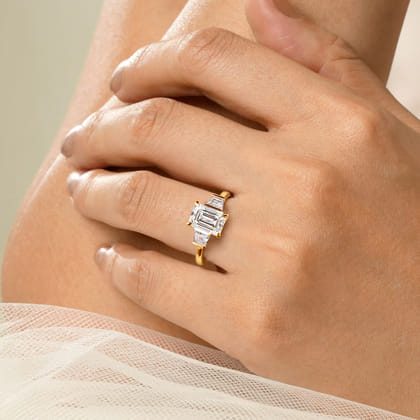 Kenia - 14K Yellow Gold Emerald Cut Three Stone Diamond Engagement Ring