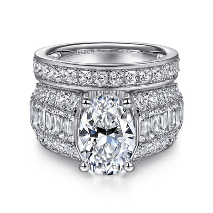 Kera - 14K White Gold Oval Wide Band Diamond Engagement Ring