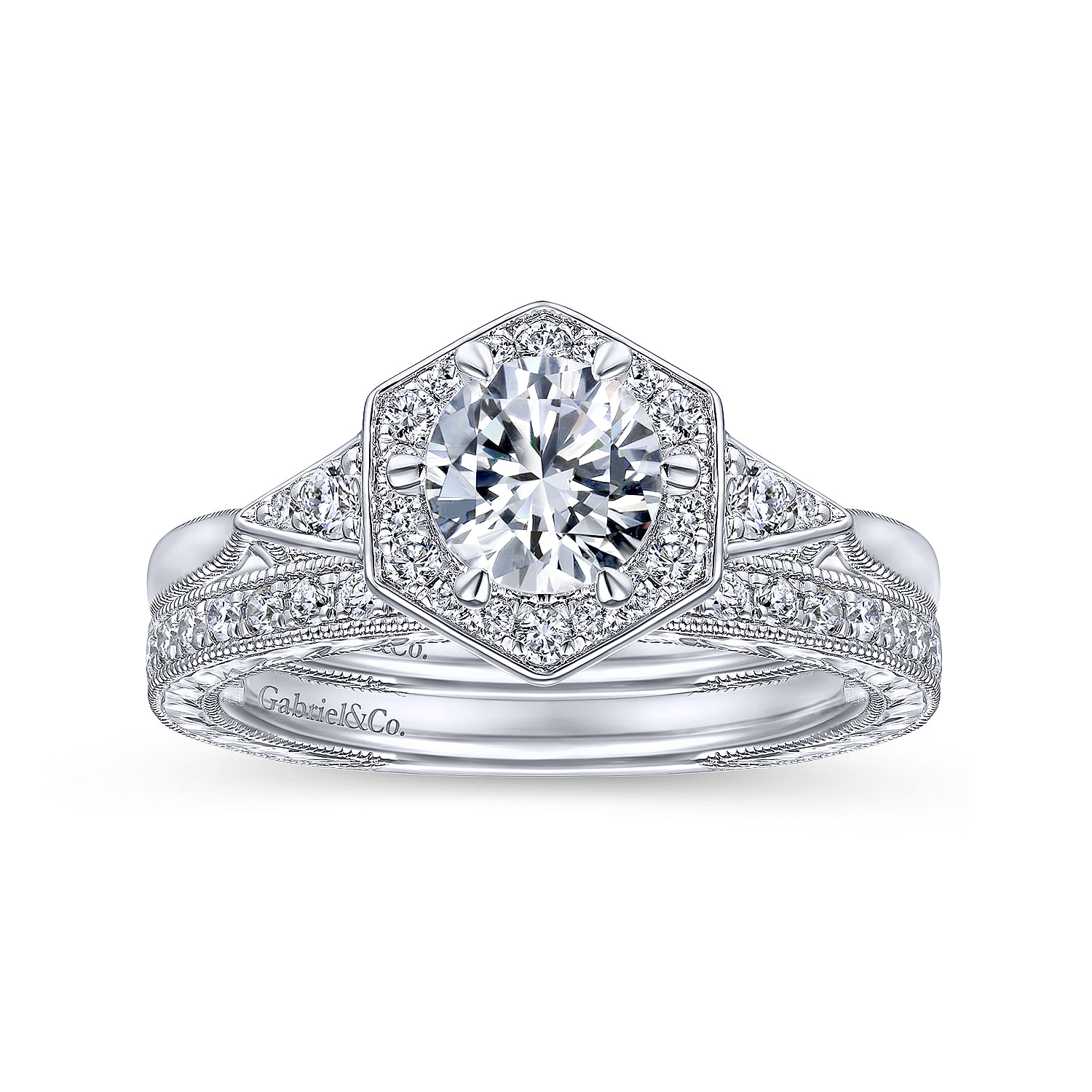 Kiaran - Art Deco 14K White Gold Round Halo Diamond Engagement Ring - 0.18 ct - Shot 4