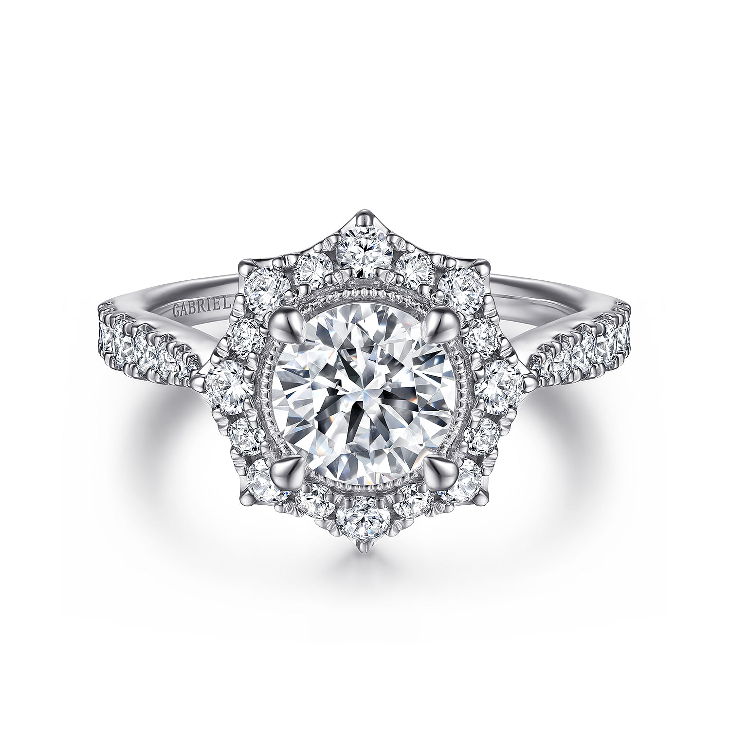 Kimberly - Vintage Inspired 14K White Gold Fancy Halo Round Diamond Engagement Ring