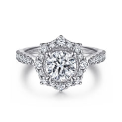 Vintage Inspired 14K White Gold Fancy Halo Round Diamond Engagement Ring
