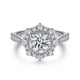 Kimberly - Vintage Inspired 14K White Gold Fancy Halo Round Diamond Engagement Ring