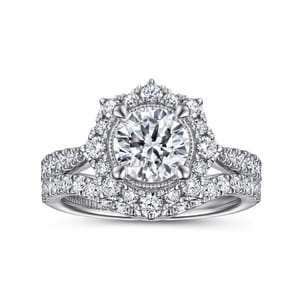 Kimberly - Vintage Inspired 14K White Gold Fancy Halo Round Diamond Engagement Ring
