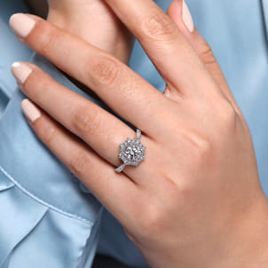 Kimberly - Vintage Inspired 14K White Gold Fancy Halo Round Diamond Engagement Ring