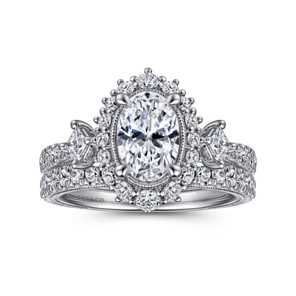 Kinsley - Vintage Inspired 14K White Gold Fancy Halo Oval Diamond Engagement Ring