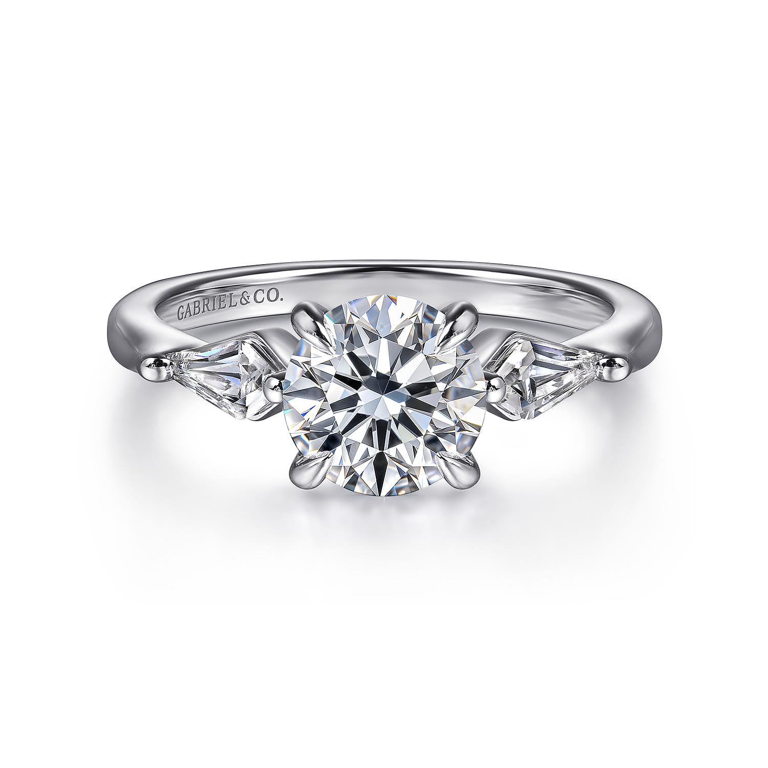 Kristen - 14K White Gold Round Three Stone Diamond Engagement Ring with Kite Side Stones