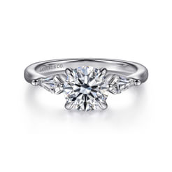 14K White Gold Round Three Stone Diamond Engagement Ring with Kite Side Stones