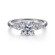 Kristen - 14K White Gold Round Three Stone Diamond Engagement Ring with Kite Side Stones