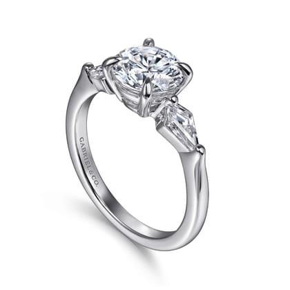 Kristen - 14K White Gold Round Three Stone Diamond Engagement Ring with Kite Side Stones