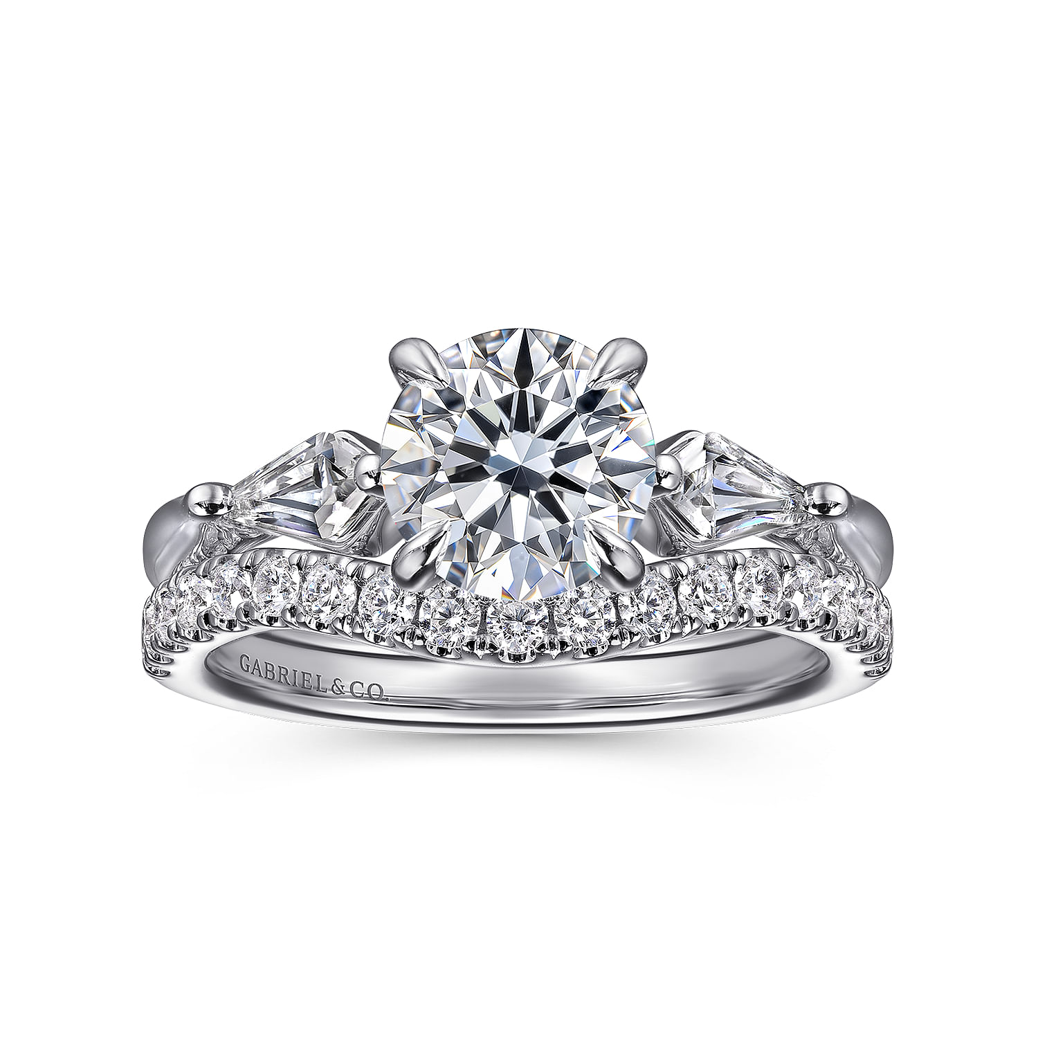 Kristen - 14K White Gold Round Three Stone Diamond Engagement Ring with Kite Side Stones