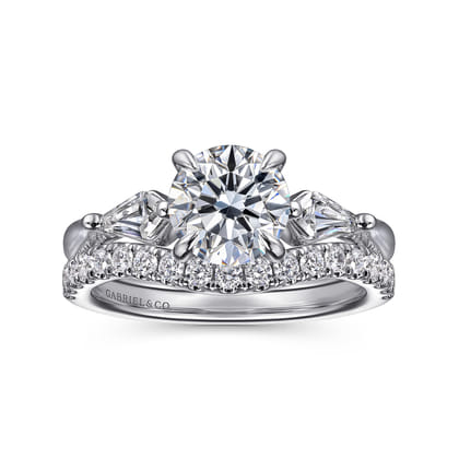 Kristen - 14K White Gold Round Three Stone Diamond Engagement Ring with Kite Side Stones