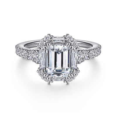 Lago - Art Deco 14K White Gold Halo Emerald Cut Diamond Engagement Ring