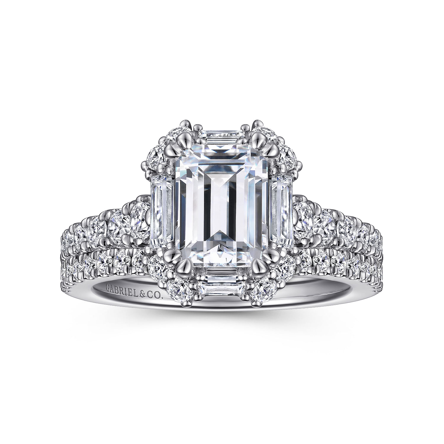 Lago - Art Deco 14K White Gold Halo Emerald Cut Diamond Engagement Ring