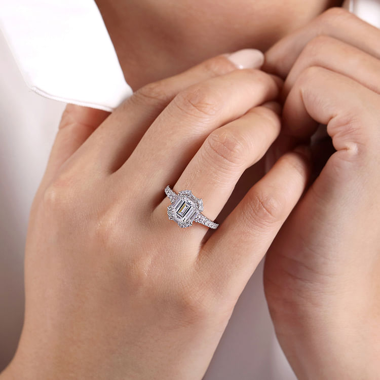 Lago - Art Deco 14K White Gold Halo Emerald Cut Diamond Engagement Ring