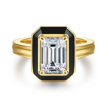 Lara - 14K Yellow Gold Bezel Prong Black Enamel Emerald Cut Solitaire Diamond Engagement Ring