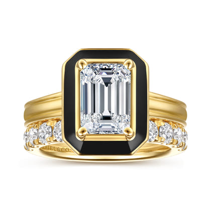Lara - 14K Yellow Gold Black Enamel Emerald Cut Solitaire Diamond Engagement Ring