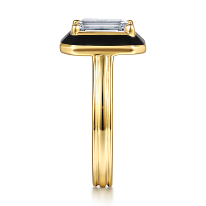 Lara - 14K Yellow Gold Black Enamel Emerald Cut Solitaire Diamond Engagement Ring