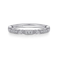 Latvia - 14K White Gold Diamond Station Stackable Anniversary Band with Milgrain