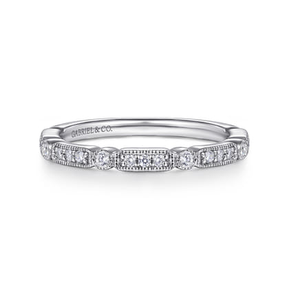 Latvia - 14K White Gold Diamond Station Stackable Anniversary Band with Milgrain